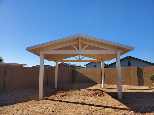 Light freestanding aluminum patio cover for Mesquite area desert backyards.